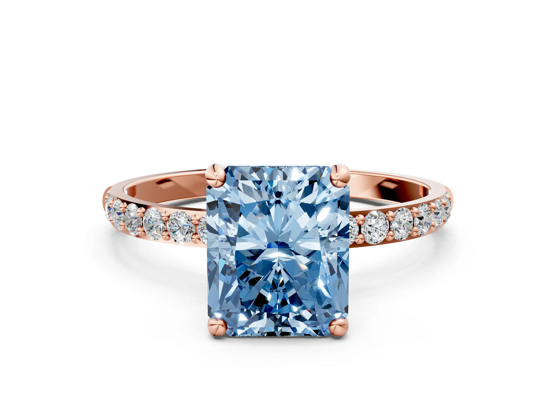 Rose gold Fancy Blue Radiant Cut Diamond Solitaire Ring with Pave Band and Four Prong Setting_73