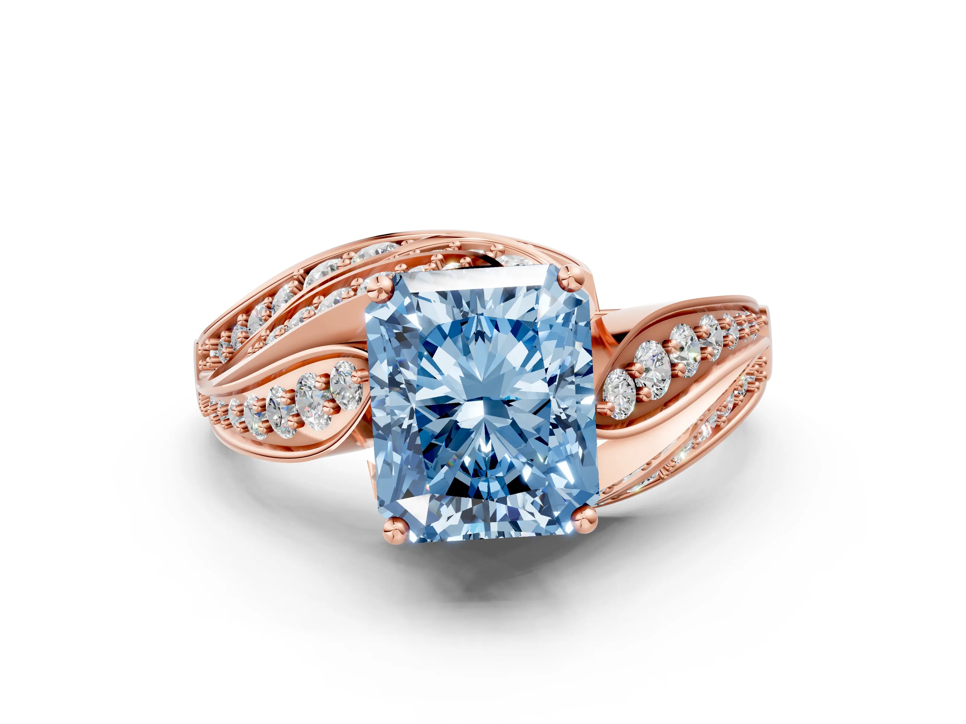 Rose gold Fancy Blue Radiant Cut Diamond Solitaire Ring with Prong Setting and Twisted Pavé Band
