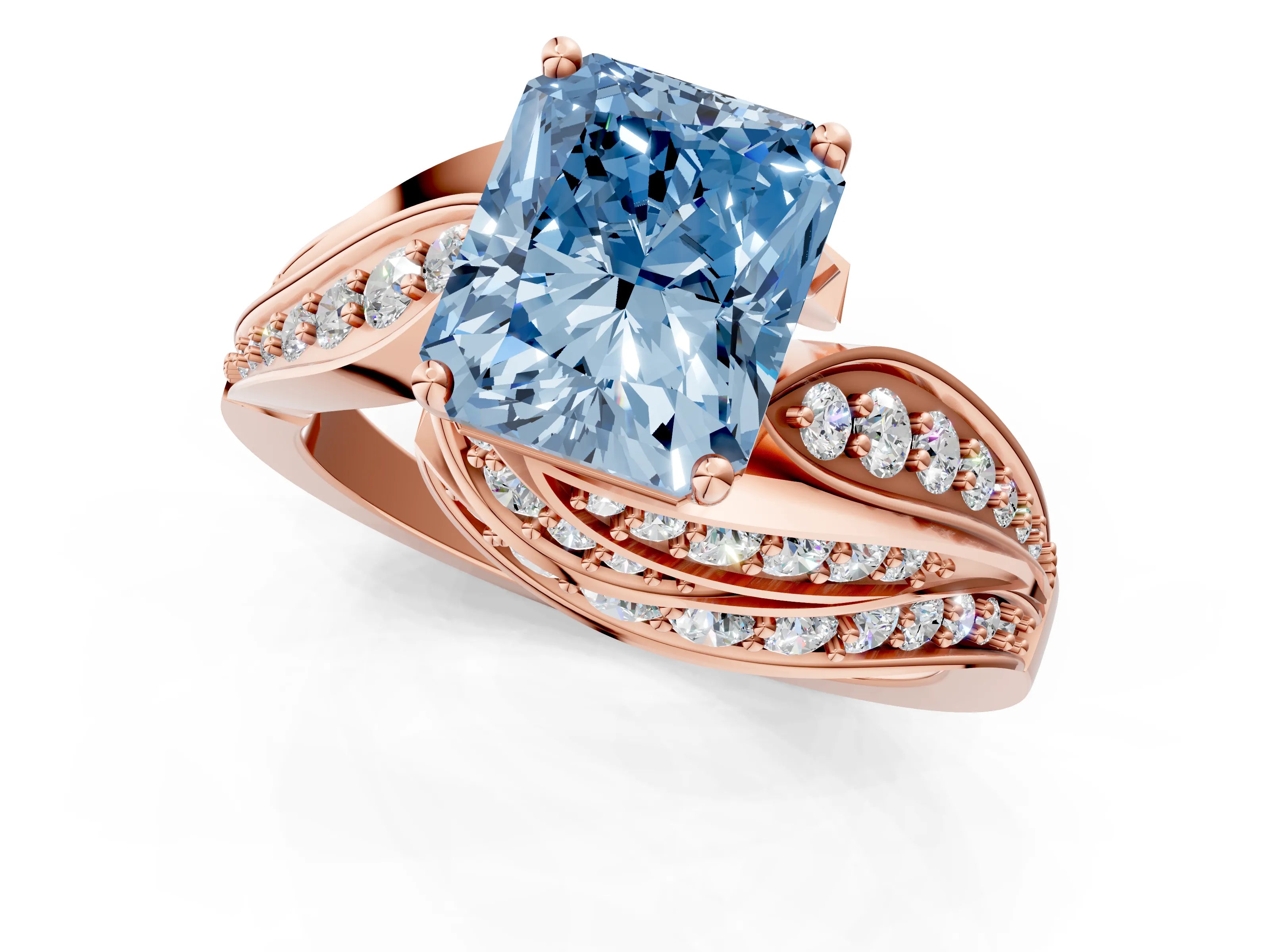 Rose gold Fancy Blue Radiant Cut Diamond Solitaire Ring with Prong Setting and Twisted Pavé Band_1