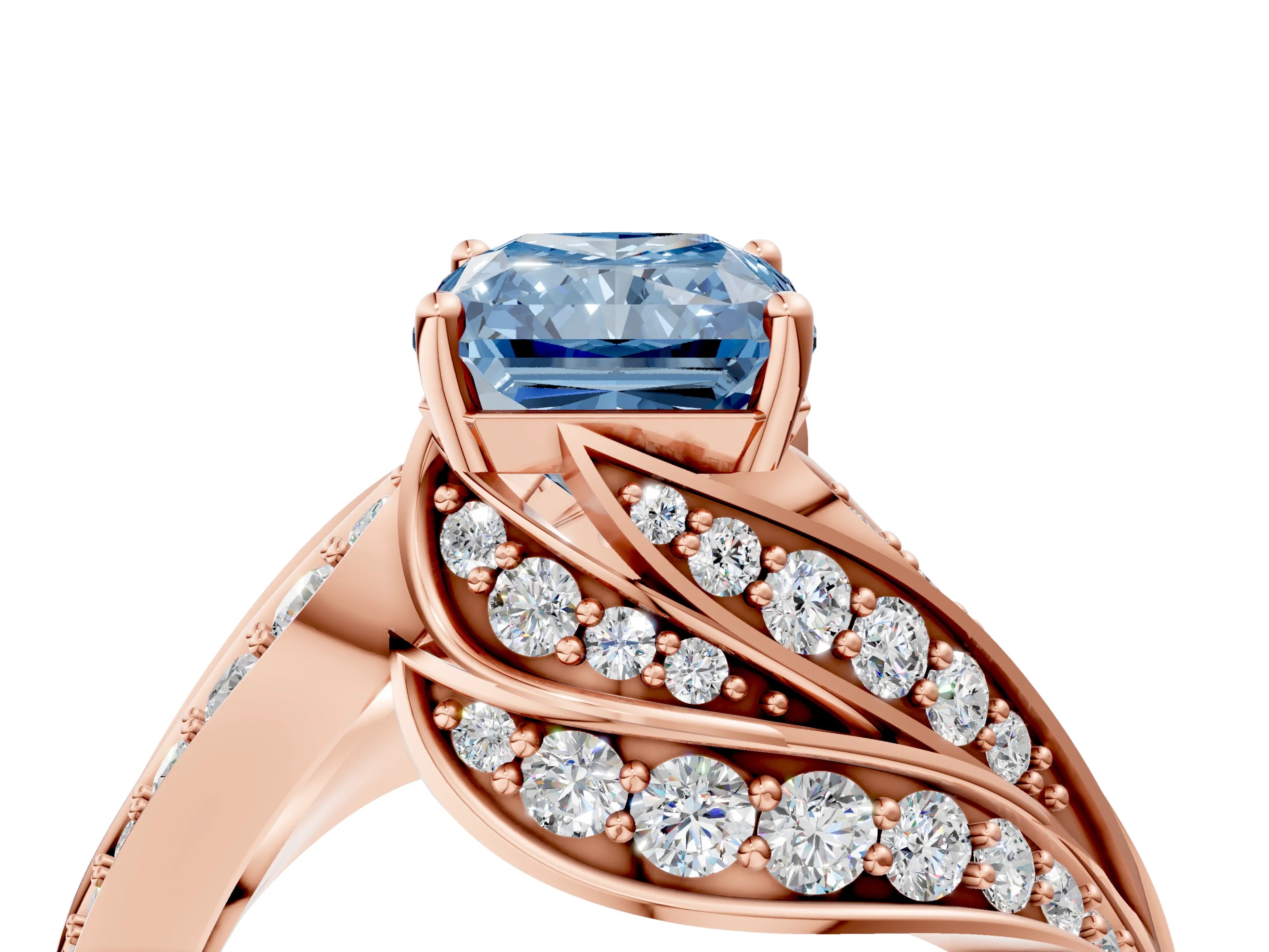 Rose gold Fancy Blue Radiant Cut Diamond Solitaire Ring with Prong Setting and Twisted Pavé Band_4