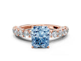 Rose gold Fancy Blue Radiant Cut Diamond Solitaire Ring with Shared Prong Pavé Band and Four-Prong Setting_57