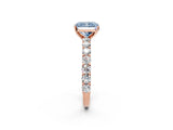 Rose gold Fancy Blue Radiant Cut Diamond Solitaire Ring with Shared Prong Pavé Band and Four-Prong Setting_59