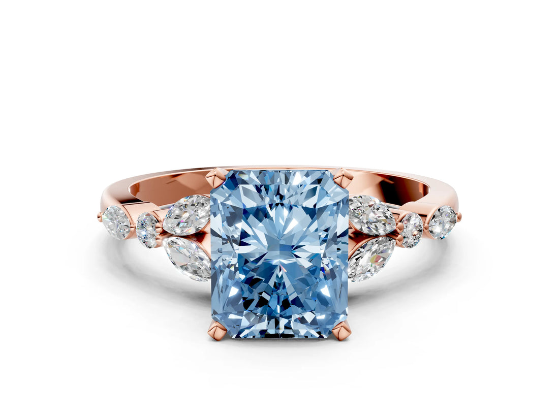 Rose gold Fancy Blue Radiant Cut Diamond Solitaire Ring with Side Stones and Four-Prong Setting_37