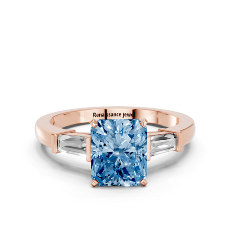 Rose gold Fancy Blue Radiant  Cut Diamond Solitaire Ring with Tapered Baguette Accents and Four-Prong Setting_11