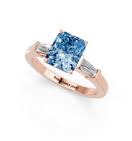 Rose gold Fancy Blue Radiant  Cut Diamond Solitaire Ring with Tapered Baguette Accents and Four-Prong Setting_3