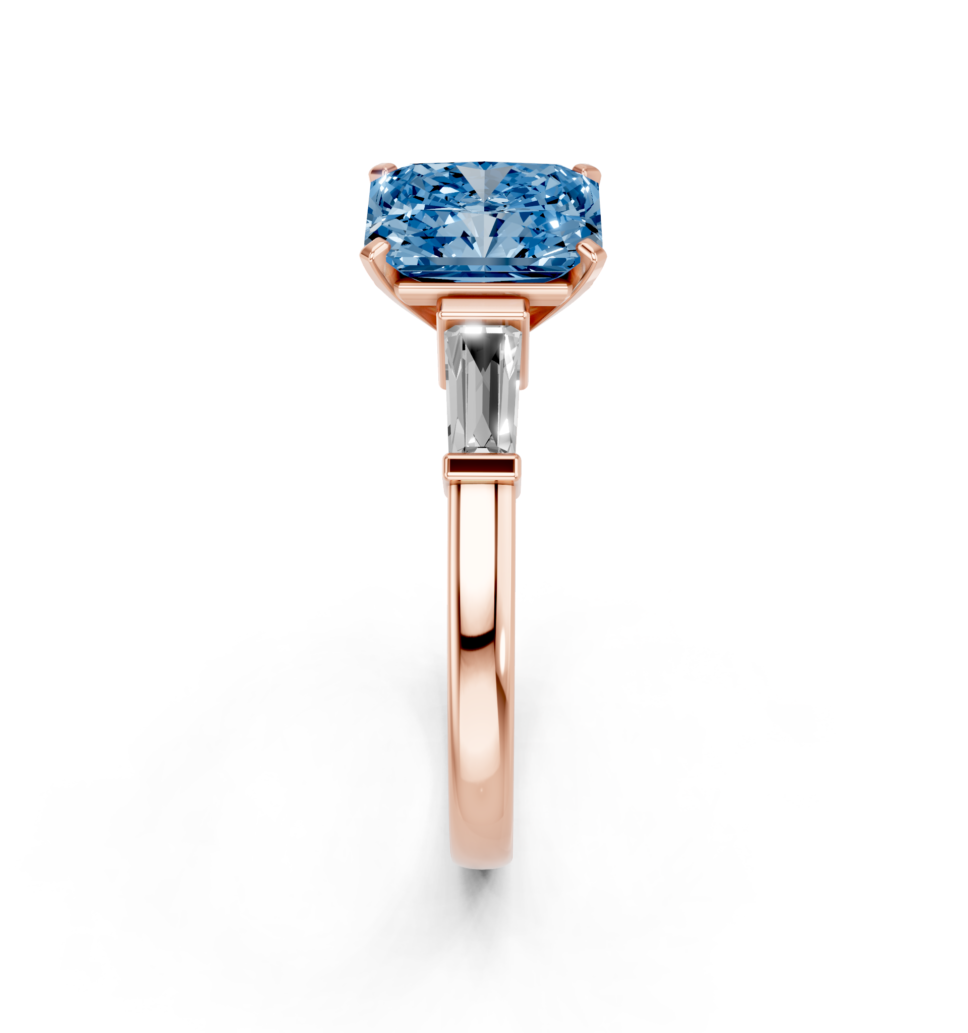 Rose gold Fancy Blue Radiant  Cut Diamond Solitaire Ring with Tapered Baguette Accents and Four-Prong Setting_4