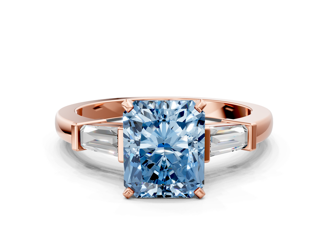 Rose gold Fancy Blue Radiant  Cut Diamond Solitaire Ring with Tapered Baguette Accents and Four-Prong Setting_45