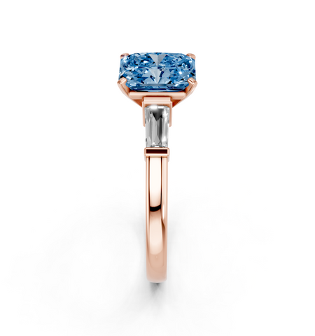 Rose gold Fancy Blue Radiant  Cut Diamond Solitaire Ring with Tapered Baguette Accents and Four-Prong Setting_4
