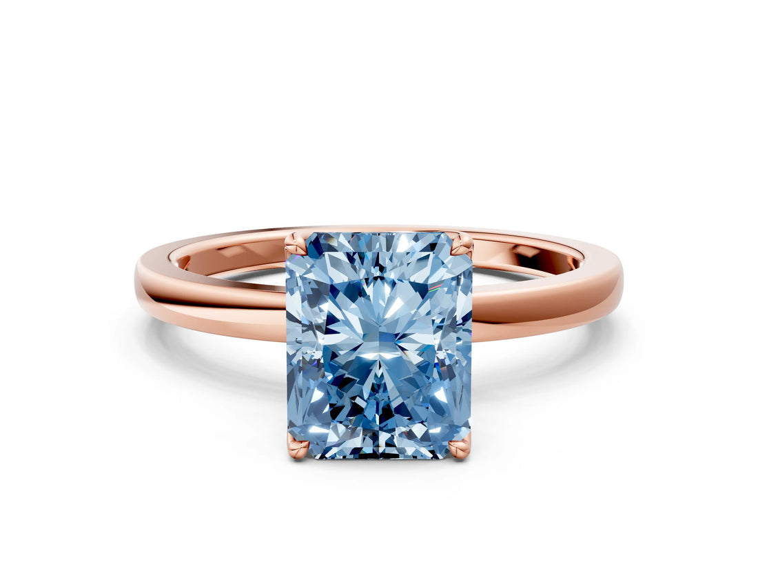 Rose gold Fancy Blue Radiant Cut Diamond Solitaire Ring with Thin Band and Prong Setting_12