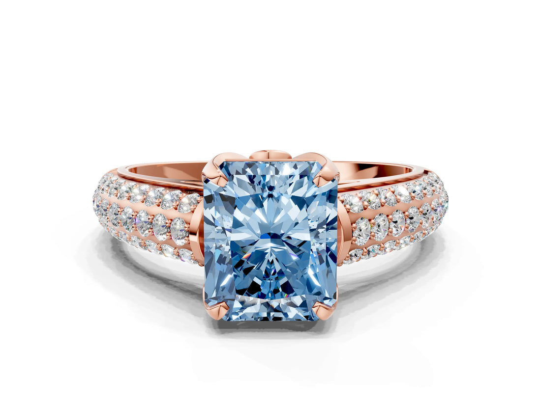 Rose gold Fancy Blue Radiant Cut Diamond Solitaire Ring with Three-Row Pavé Band and Four-Prong Setting_37