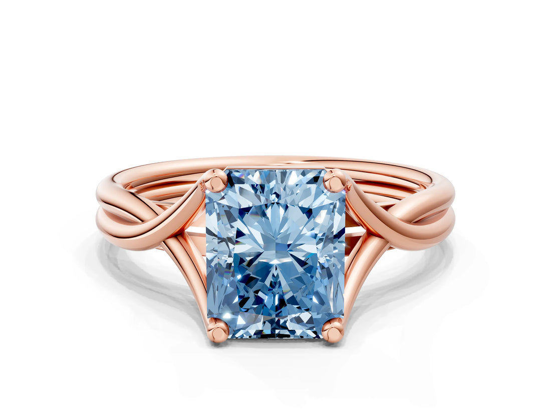 Rose gold Fancy Blue Radiant Cut Diamond Solitaire Twist Band Prong Setting Ring_55