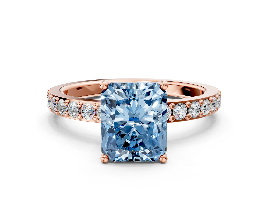 Rose gold Fancy Blue Radiant  Cut Diamond Solitaire with Pave Band and Four-Prong Setting 1