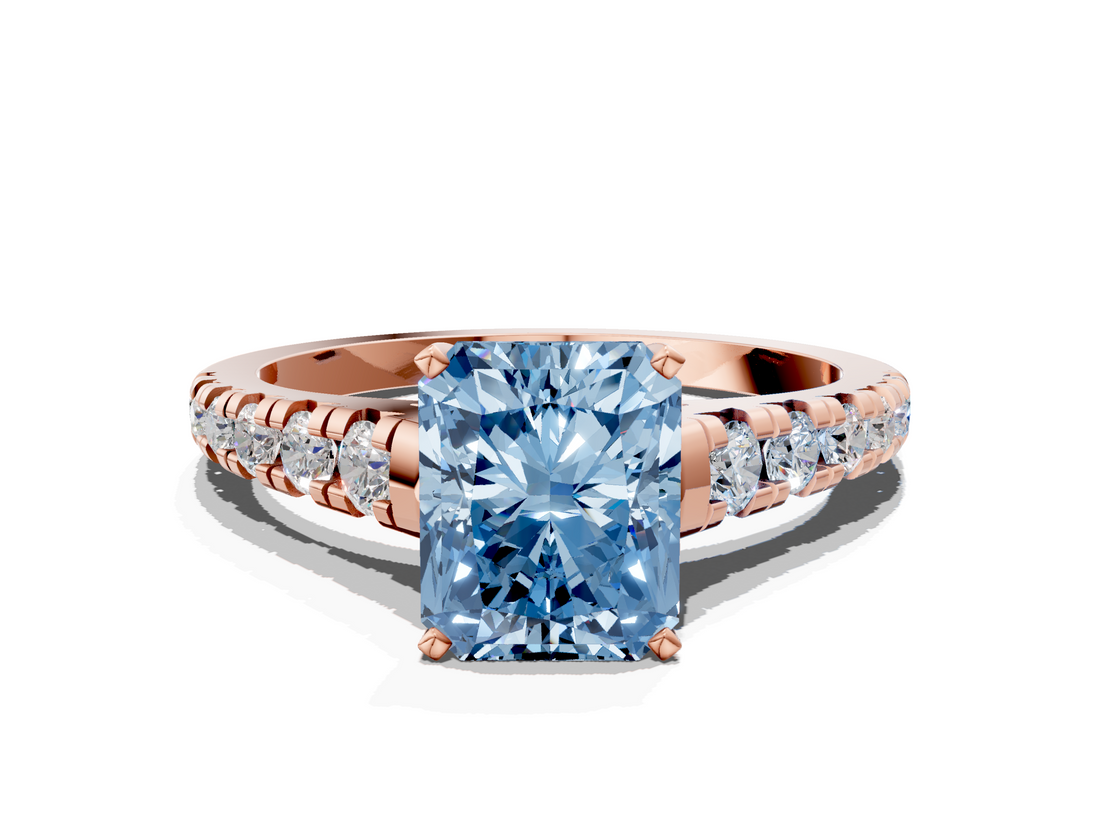 Rose gold Fancy Blue Radiant  Cut Diamond Solitaire with Pave Band and Four-Prong Setting_113