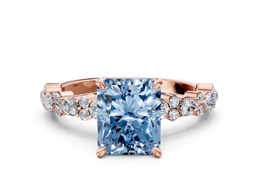 Rose gold Fancy Blue Radiant Cut Diamond Solitaire with Side Stones, Pave Band, Four-Prong Setting_102
