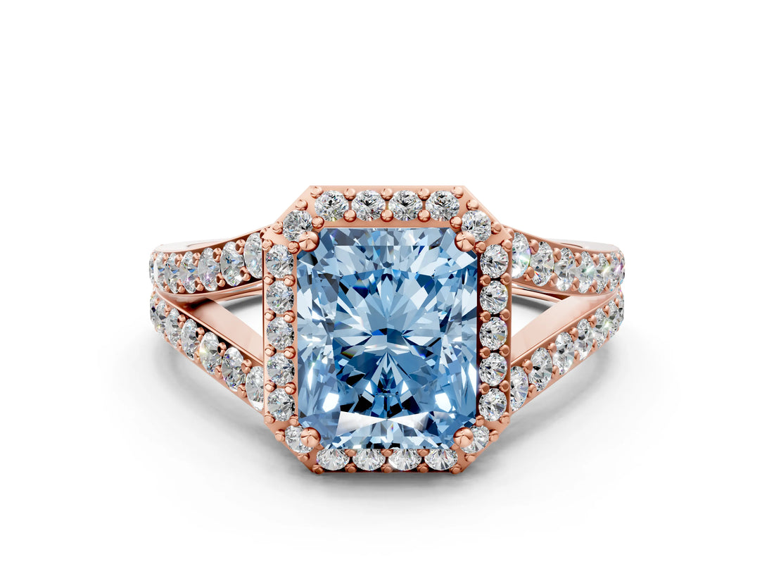 Rose gold Fancy Blue Radiant Cut Diamond Split Shank Halo Ring with Four-Prong Setting_58