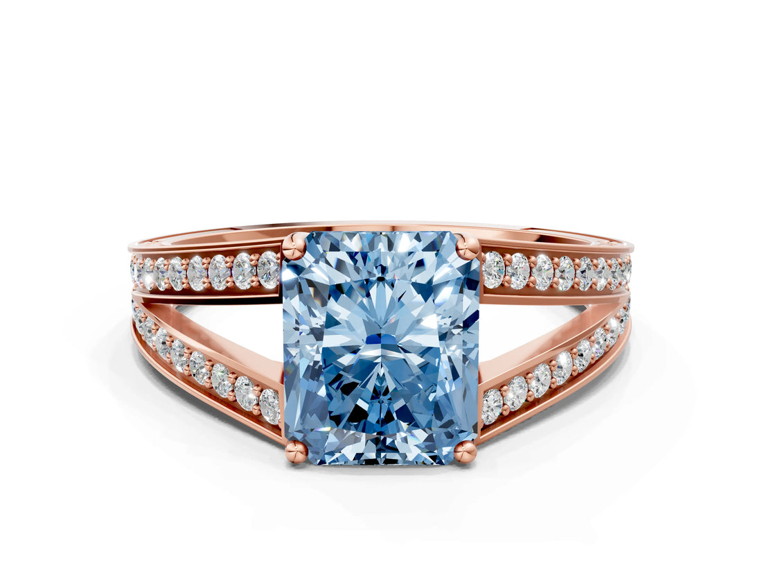 Rose gold Fancy Blue Radiant Cut Diamond Split Shank Ring with Pavé Band and Four-Prong Setting_44