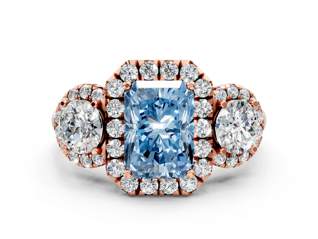 Rose gold Fancy Blue Radiant Cut Diamond Three-Stone Halo Ring with Prong Setting and Pavé Accents