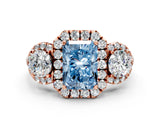 Rose gold Fancy Blue Radiant Cut Diamond Three-Stone Halo Ring with Prong Setting and Pavé Accents