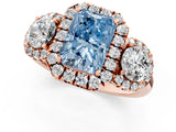 Rose gold Fancy Blue Radiant Cut Diamond Three-Stone Halo Ring with Prong Setting and Pavé Accents_1