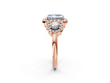 Rose gold Fancy Blue Radiant Cut Diamond Three-Stone Halo Ring with Prong Setting and Pavé Accents_2