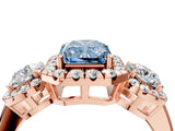 Rose gold Fancy Blue Radiant Cut Diamond Three-Stone Halo Ring with Prong Setting and Pavé Accents_4