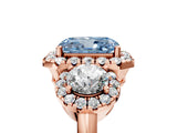 Rose gold Fancy Blue Radiant Cut Diamond Three-Stone Halo Ring with Prong Setting and Pavé Accents_5