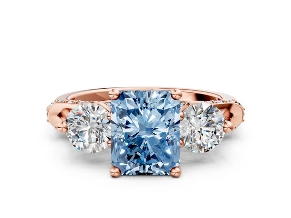Rose Gold Radiant Cut Curved Pave Three Stone Engagement Ring Setting for Fancy Blue Center