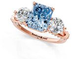 Rose gold Fancy Blue Radiant Cut Diamond Three-Stone Ring with Prong Setting and Pavé Band_1