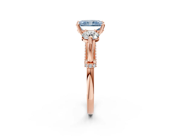 Rose Gold Radiant Cut Curved Pave Three Stone Engagement Ring Setting for Fancy Blue Center