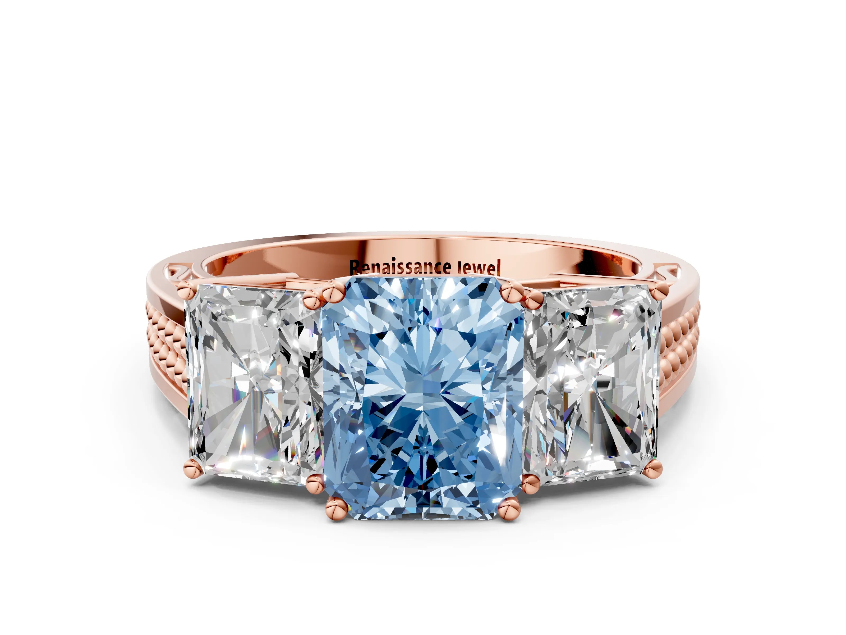 Rose gold Fancy Blue Radiant Cut Diamond Three-Stone Ring with Prong Setting and Textured Band_12
