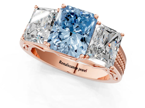 Rose gold Fancy Blue Radiant Cut Diamond Three-Stone Ring with Prong Setting and Textured Band_13