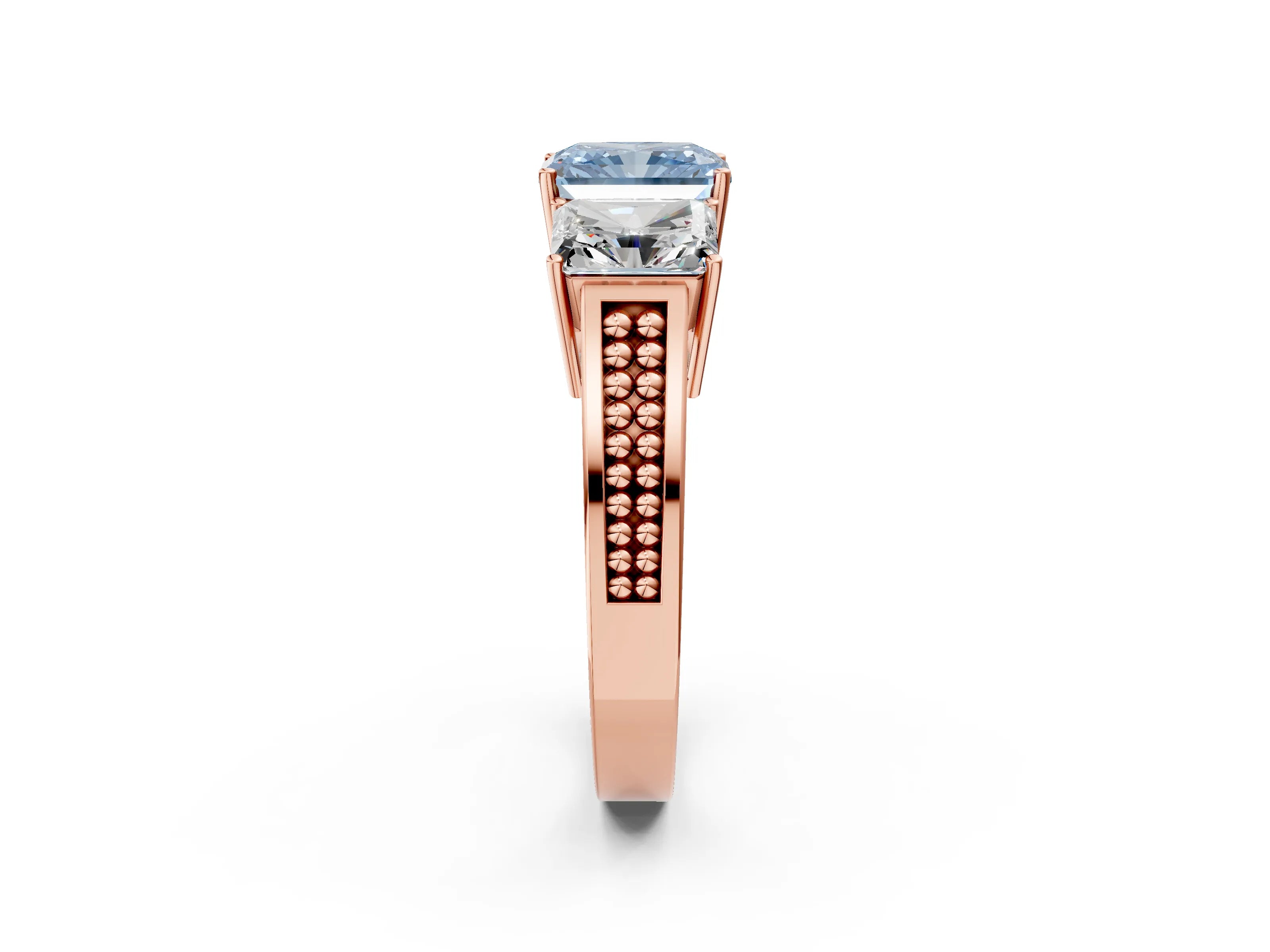 Rose gold Fancy Blue Radiant Cut Diamond Three-Stone Ring with Prong Setting and Textured Band_14