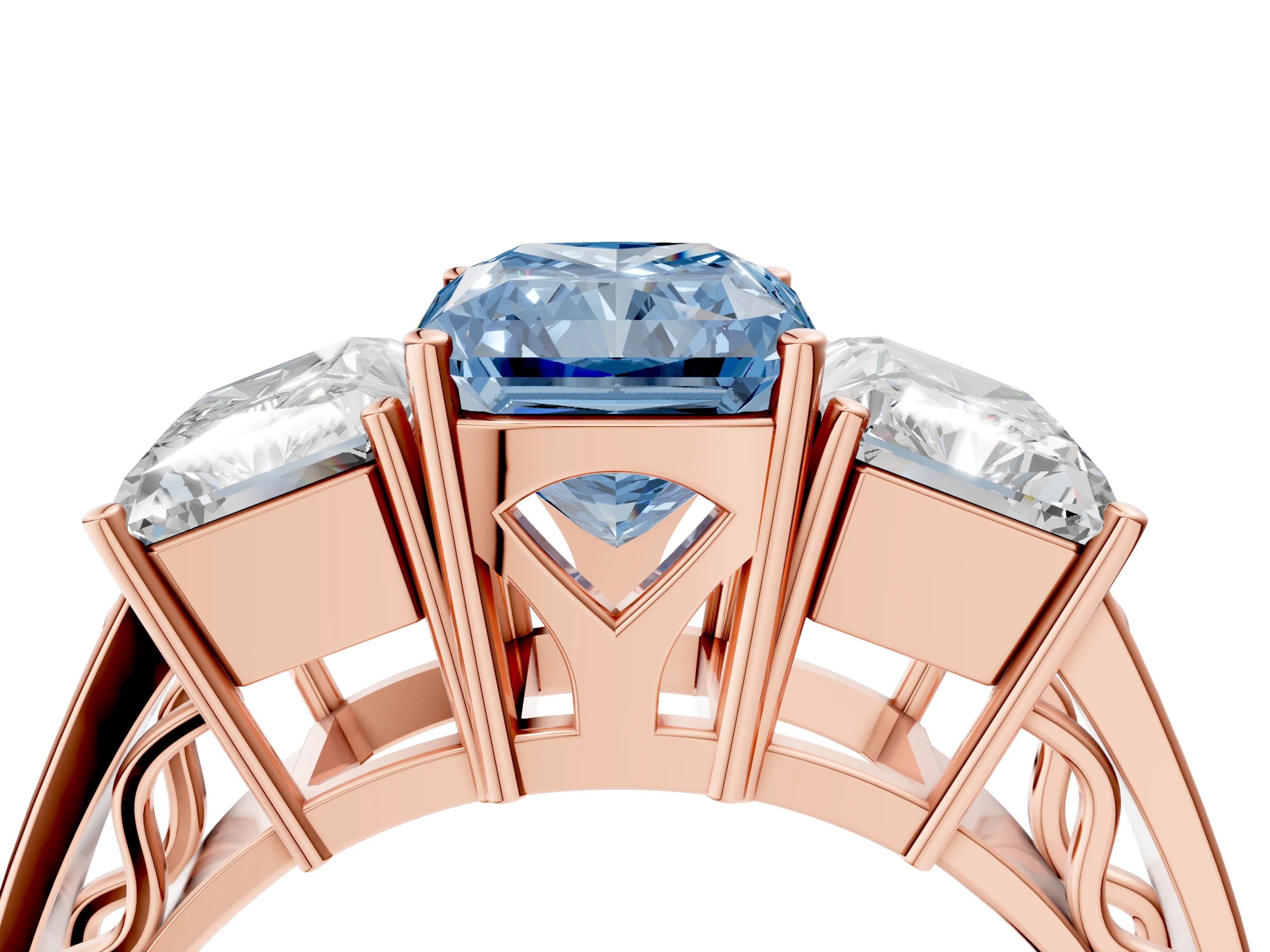 Rose gold Fancy Blue Radiant Cut Diamond Three-Stone Ring with Prong Setting and Textured Band_16