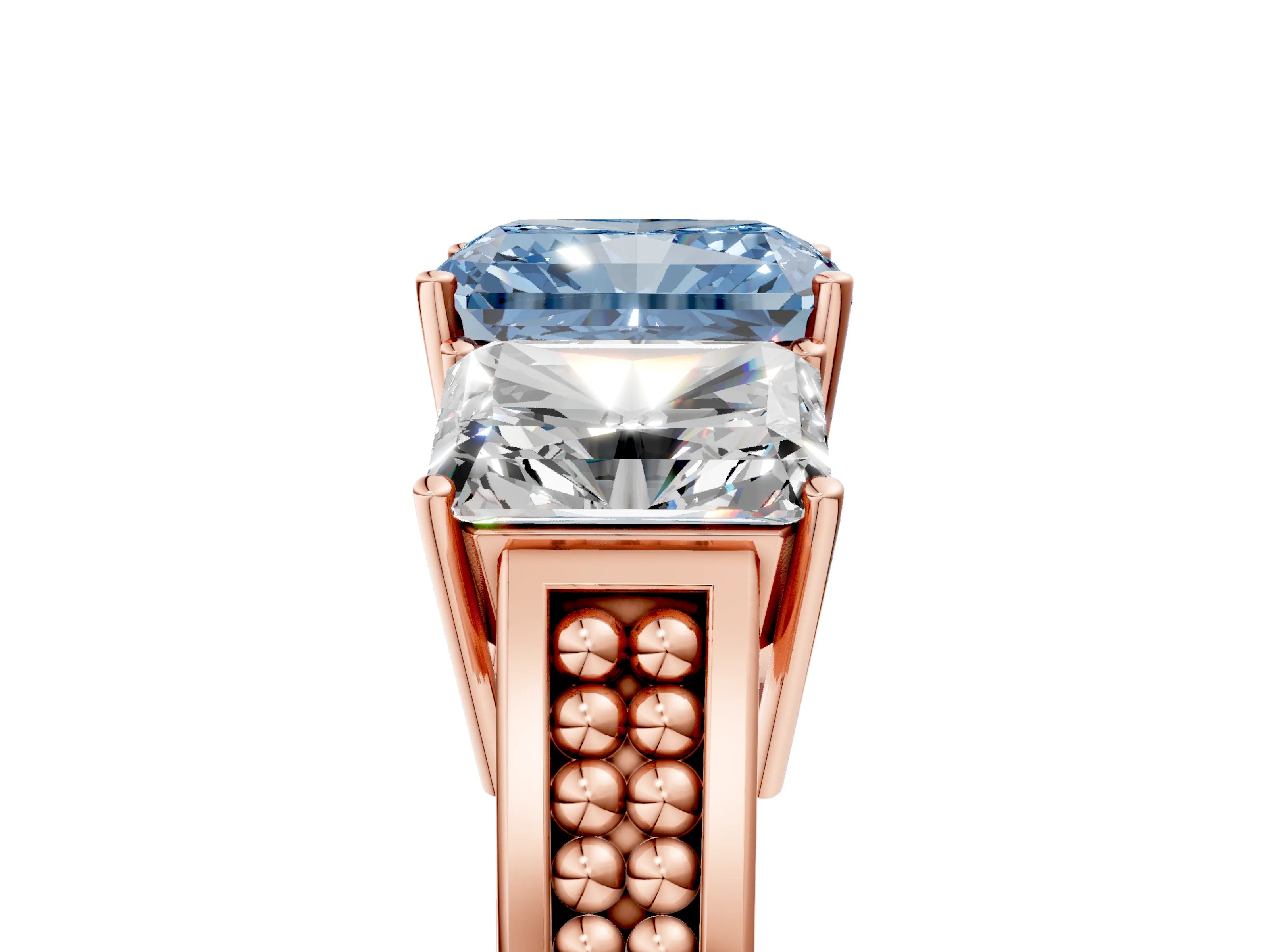 Rose gold Fancy Blue Radiant Cut Diamond Three-Stone Ring with Prong Setting and Textured Band_17