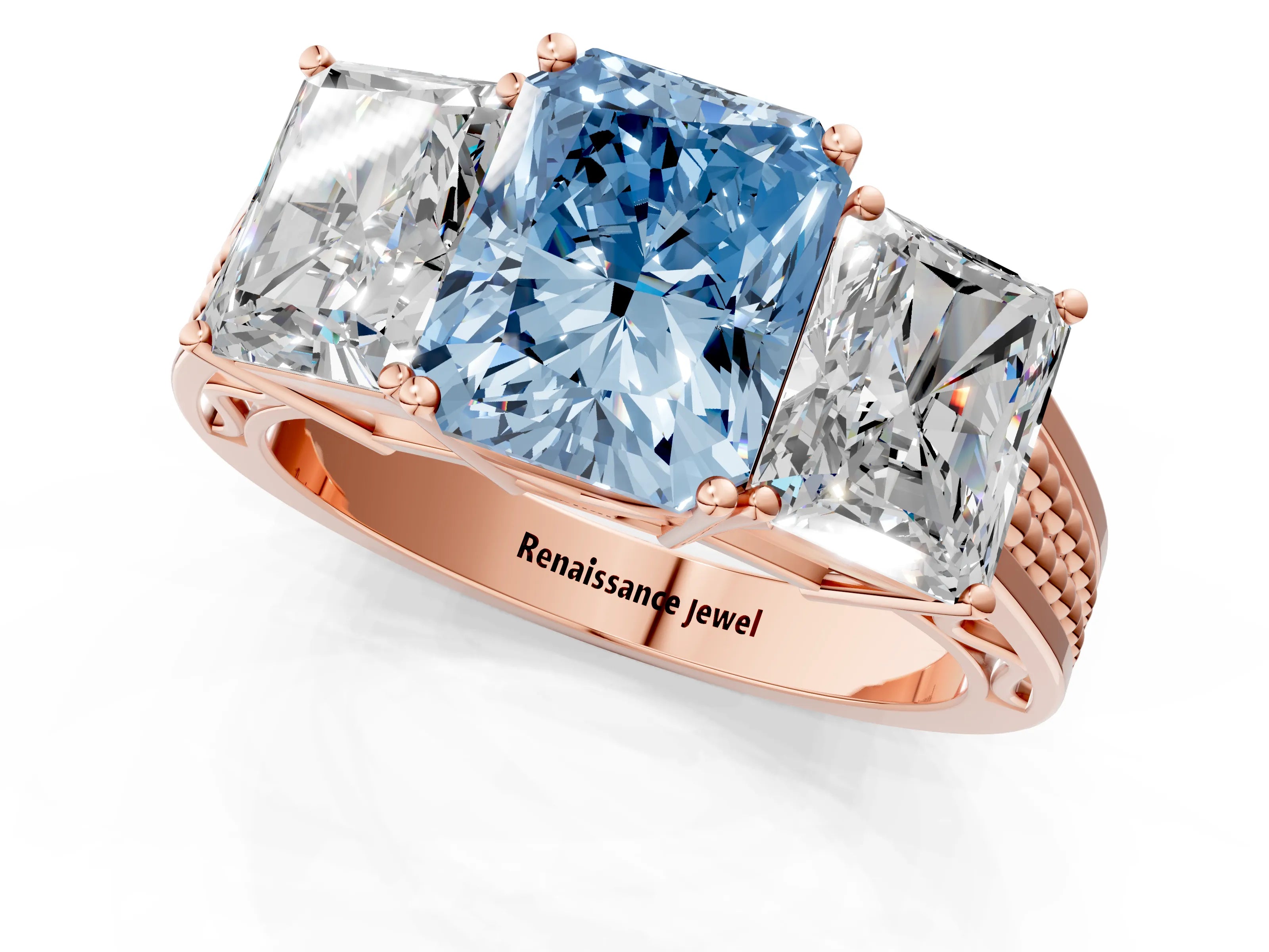 Rose gold Fancy Blue Radiant Cut Diamond Three-Stone Ring with Prong Setting and Textured Band_25
