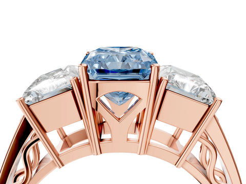 Rose gold Fancy Blue Radiant Cut Diamond Three-Stone Ring with Prong Setting and Textured Band_28