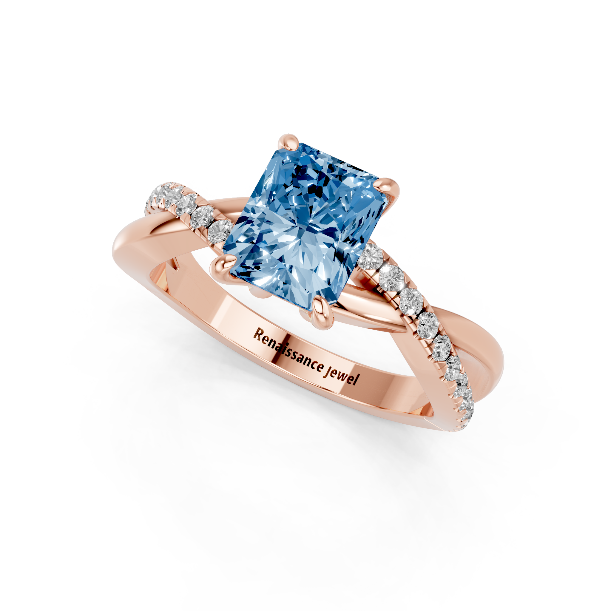 Rose gold Fancy Blue Radiant  Cut Diamond Twist Band Solitaire with Prong Setting_3