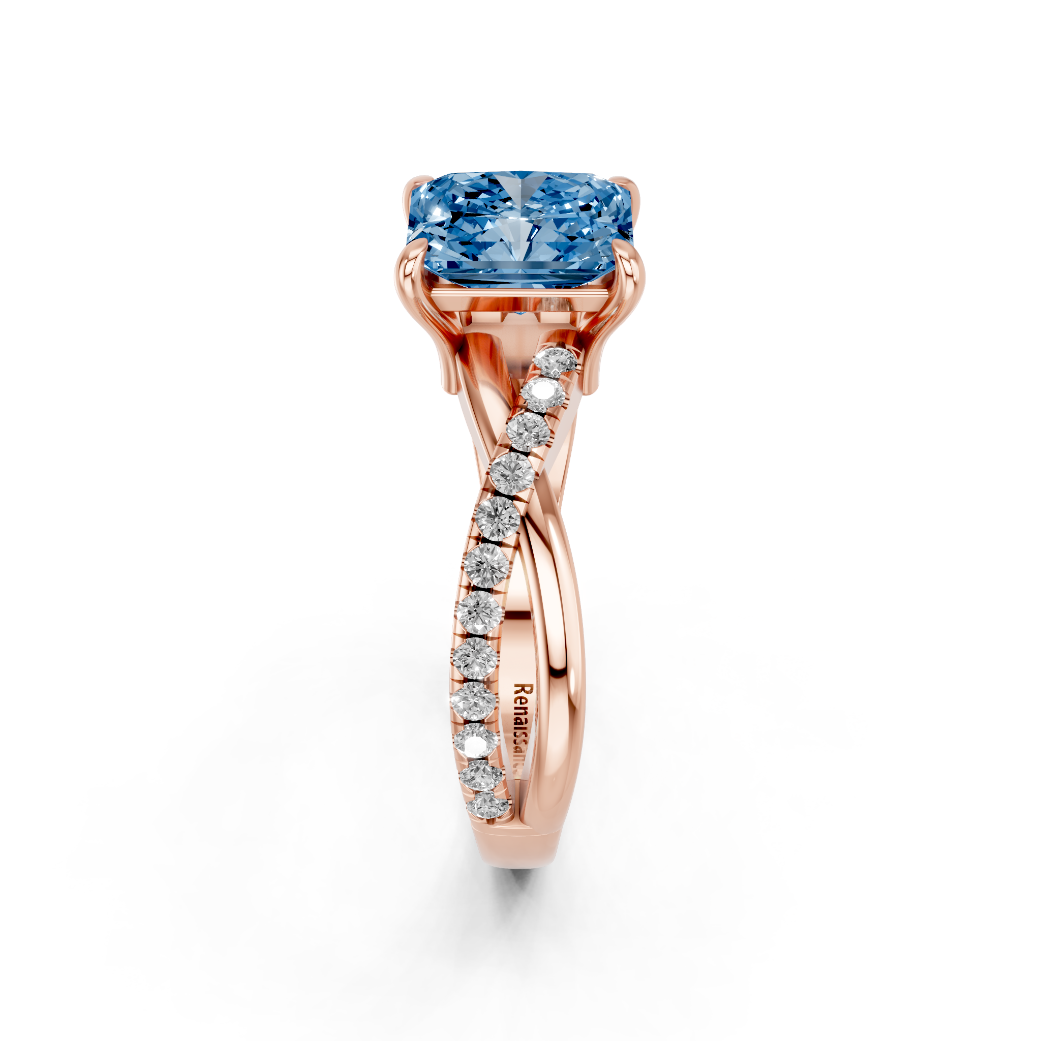 Rose gold Fancy Blue Radiant  Cut Diamond Twist Band Solitaire with Prong Setting_4