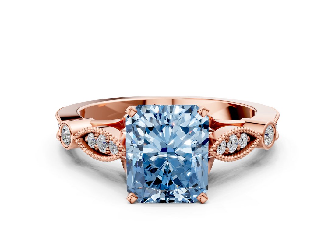 Rose gold Fancy Blue Radiant  Cut Diamond with Milgrain Marquise and Bezel Accents on a Solitaire Band with Prong Setting_195
