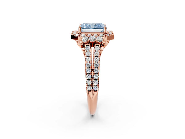 Rose gold Fancy Blue Radiant  Cut Double Halo Diamond Engagement Ring with Pave Band and Four-Prong Setting