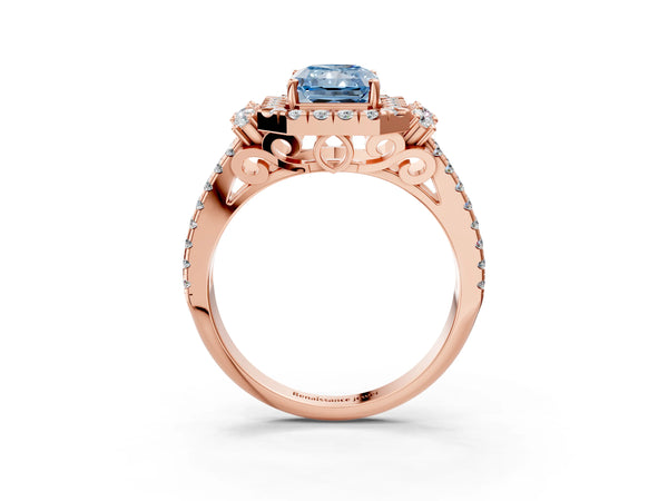 Rose gold Fancy Blue Radiant  Cut Double Halo Diamond Engagement Ring with Pave Band and Four-Prong Setting