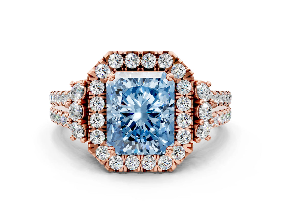 Rose gold Fancy Blue Radiant  Cut Double Halo Diamond Engagement Ring with Pave Band and Four-Prong Setting
