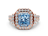 Rose gold Fancy Blue Radiant  Cut Double Halo Diamond Engagement Ring with Pave Band and Four-Prong Setting