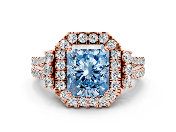 Rose gold Fancy Blue Radiant  Cut Double Halo Diamond Engagement Ring with Pave Band and Four-Prong Setting