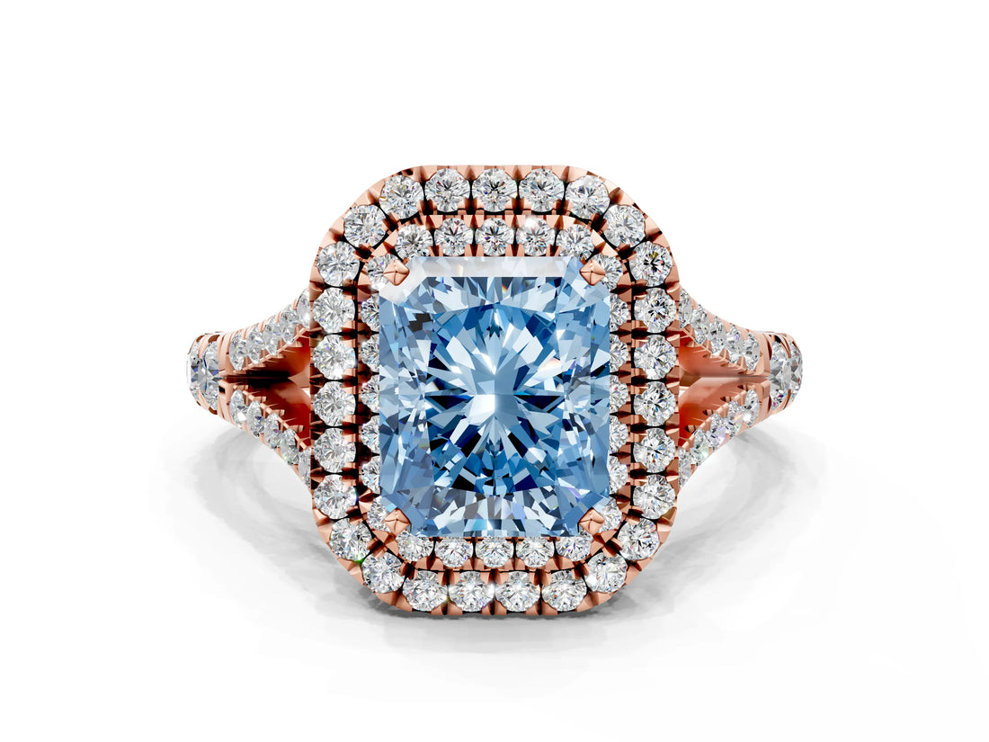 Rose gold Fancy Blue Radiant  Cut Double Halo Split Shank Diamond Ring with Prong Setting_49