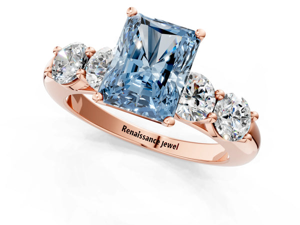 Rose gold Fancy Blue Radiant  Cut Five-Stone Prong Set Diamond Ring with Classic Band