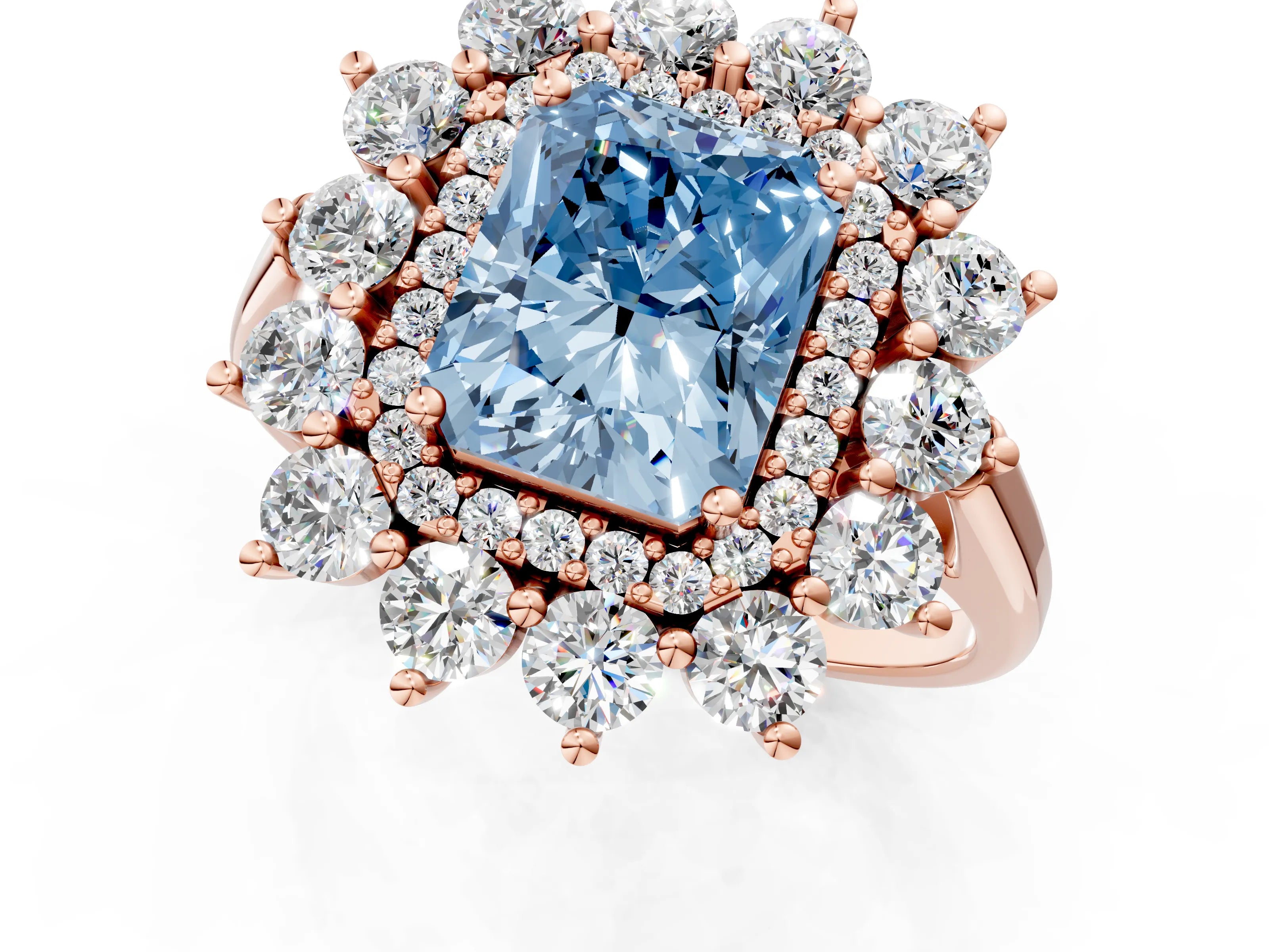 Rose gold Fancy Blue Radiant Cut Halo Cluster Diamond Ring with Pave Band and Four-Prong Setting_1