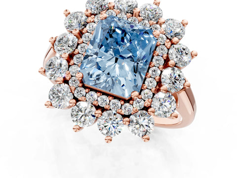 Rose gold Fancy Blue Radiant Cut Halo Cluster Diamond Ring with Pave Band and Four-Prong Setting_13