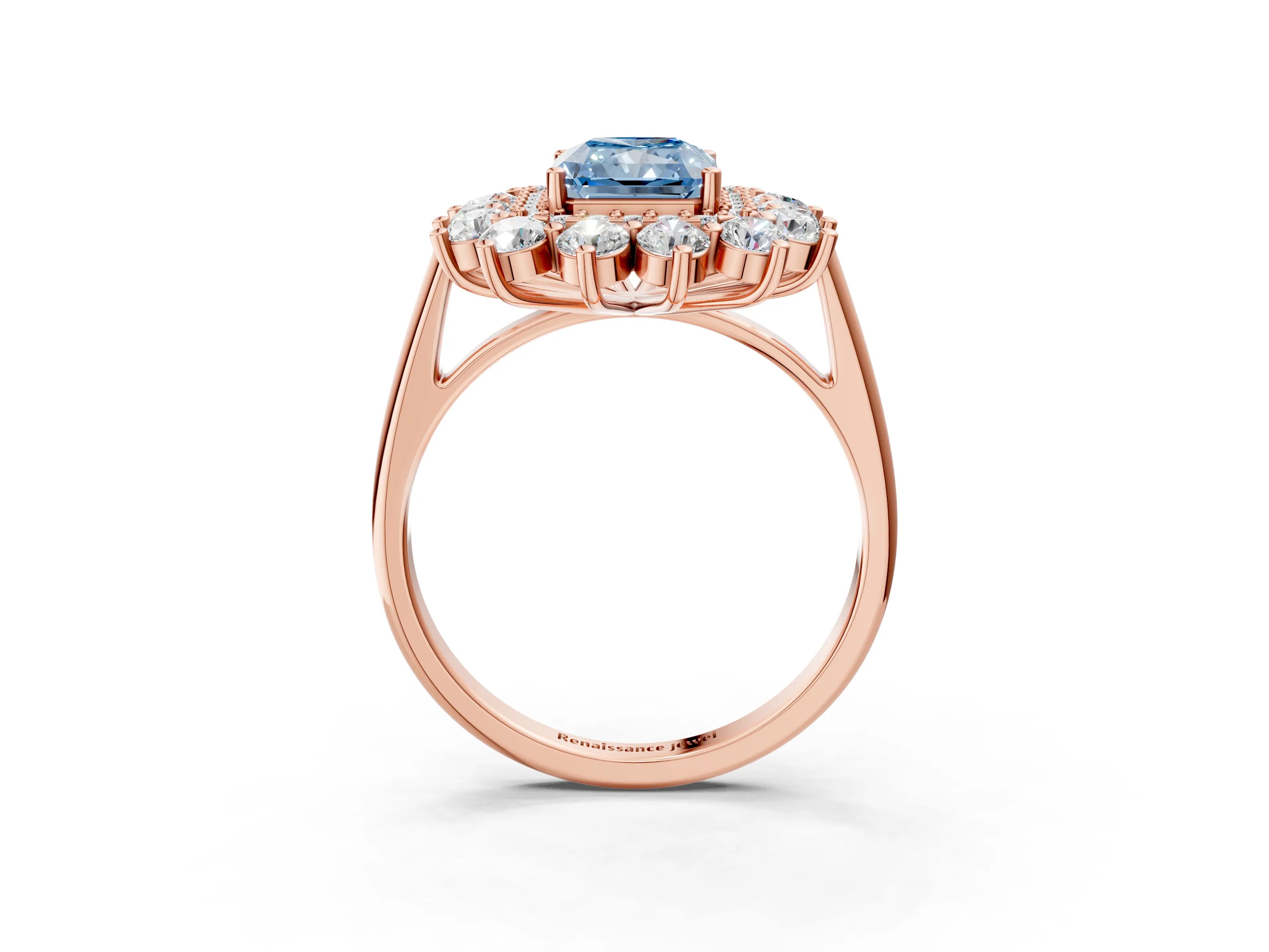 Rose gold Fancy Blue Radiant Cut Halo Cluster Diamond Ring with Pave Band and Four-Prong Setting_15
