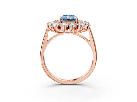 Rose gold Fancy Blue Radiant Cut Halo Cluster Diamond Ring with Pave Band and Four-Prong Setting_15